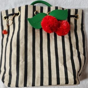 Betsy Johnson Striped Black and Cream Cherry Backpack Tote Bag Preowned
